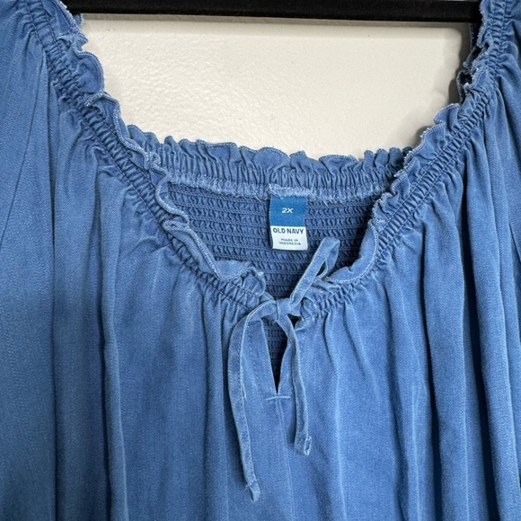 Old Navy womens 2X blue Tencel Lyocell Ruffle chambray dress milkmaid boho - Picture 6 of 11